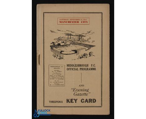 1952/53 Middlesbrough v Manchester City Div. 1 match programme 13 September 1952 at Ayresome Park; fair/good. (1)