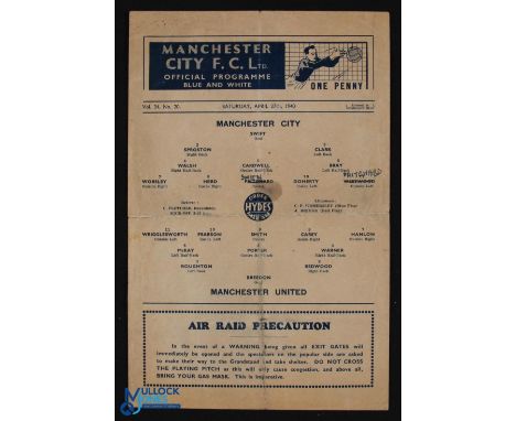 1939/40 War abandoned season, newly formed Western Regional League, scarce match programme Manchester City v Manchester Utd 2
