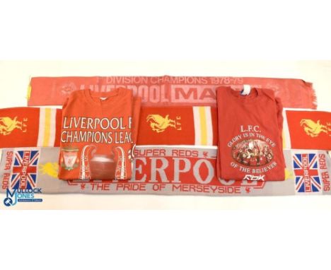Liverpool Football Club Scarves and T-Shirts: 3x scarves including a silk Division One Champions 1978/79, and two T-Shirts in