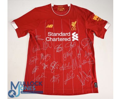 Liverpool FC Home Football Shirt 2019-2020 with 21 signatures on front Size Adult Medium. New Balance / Standard Charter (G)
