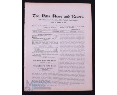 1921/1922 Aston Villa v Manchester Utd Div. 1 match programme 19 November 1921 at Villa Park; ex.bound volume, covers missing