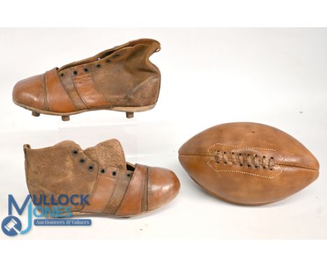 Football Boots and a Rugby Ball - A vintage style pair of leather football boots and leather rugby ball in good condition