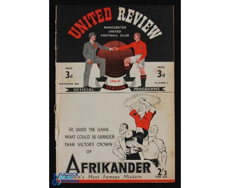 1946/47 Manchester Utd v Arsenal Div. 1 match programme 28 September 1946; spine wear, staple still holding, pencil team chan