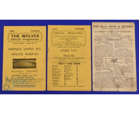 Wolverhampton Wanderers home reserve match programmes 1945/46 Sheffield Utd (2 March 1946), 1946/47 Stoke City (24 May 1947);