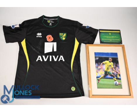 Norwich City FC Match Worn (v Reading) Away Poppy Football Shirt 2012-2013 #17 signed by Elliot Bennett on front and back Siz