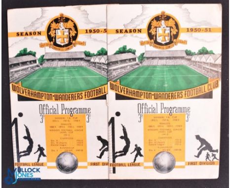 1950/51 Wolverhampton Wanderers home match programmes v Liverpool (19 August 1950), v Everton (18 November 1950); fair/good. 