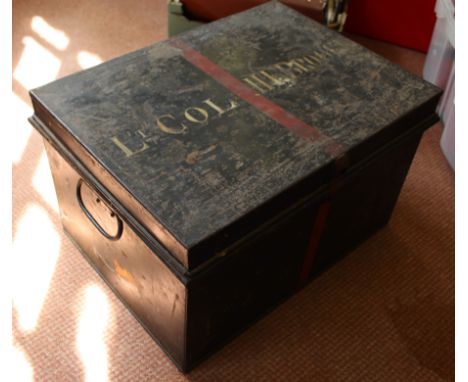 A Japanned small metal trunk, lid marked Lt Col Hebrooke