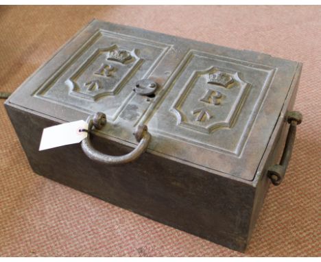 An extremely rare Victorian military Paymasters strongbox, cast with Victorian crown 'R' and broad arrow (with key)