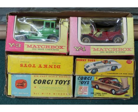 Six boxed Dinky, Corgi and Matchbox models including Dinky 133 Cunningham Road Racer with white body and white and blue drive