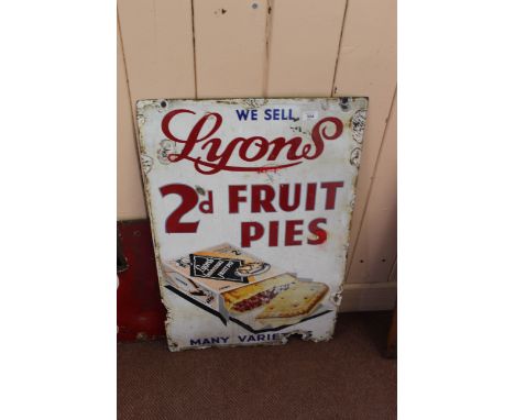 A Lyons enamel Two Pence Fruit Pies sign, 34" x 22"
