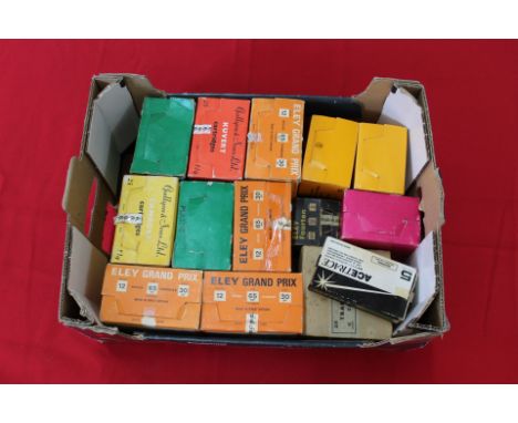 A tray of 'full' vintage shotgun cartridge boxes including three Gallyon examples, this item can only be purchased by someone