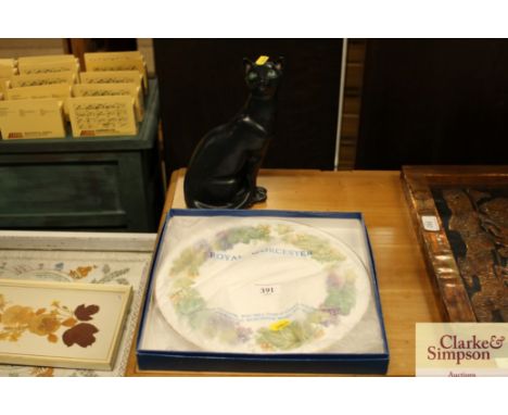 A Royal Worcester "Vine Harvest" cake plate in original box; and a glazed pottery cat ornament 