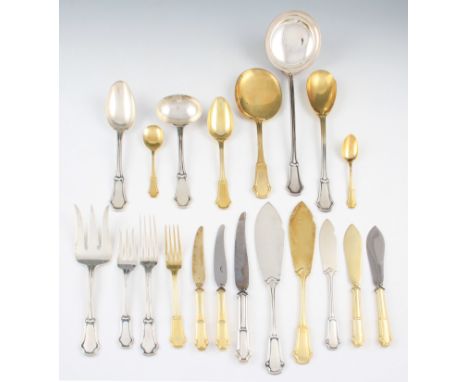 A French part canteen of G. Keller silver cutlery, to include 26 dinner forks, 24 silver handled dinner knives along with two