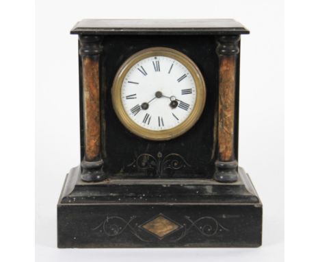 A black slate and marble mantel clock with ornate decorations to body, the white enamel dial having black Roman numeral hourl