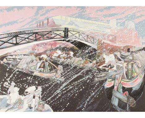 BARBARA MARY RUSSON (1930 - 2007) Framed, signed, acrylic on canvas, Gas Street Basin, titled verso, 'Work, Wind Sleet', 66cm