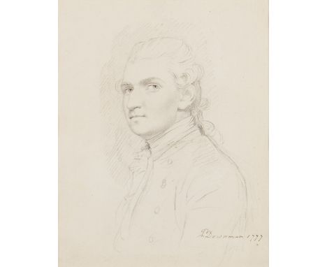 JOHN DOWNMAN A.R.A. (1750 - 1824) Framed, signed, dated 1777, pencil sketch on paper, bust length portrait of a gentleman, 22