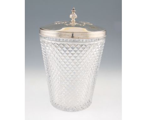 An Asprey silver lidded glass ice bucket, the diamond cut glass body of circular tapered form, with silver lid featuring leaf