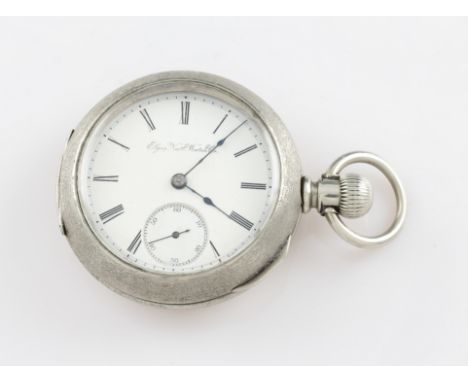 A white metal Elgin crown wind pocket watch, the white enamel dial having hourly Roman numeral markers with minute track bord