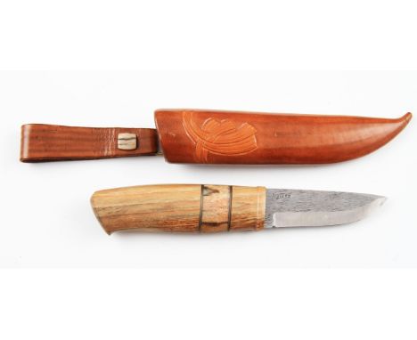 A Gunnar Holmberg hand crafted knife, the hand made from stabilised mountain ash and giraffe bone with brass spacers, fitted 