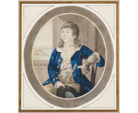 ROBERT DIGHTON (1751 - 1814) Framed, signed, dated 1789, oval watercolour and ink on paper, half length portrait of a seated 