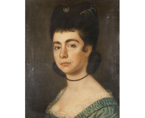 Framed, unsigned, 18th Century Spanish School, oil on canvas, bust length portrait of a lady with dark hair wearing a green d