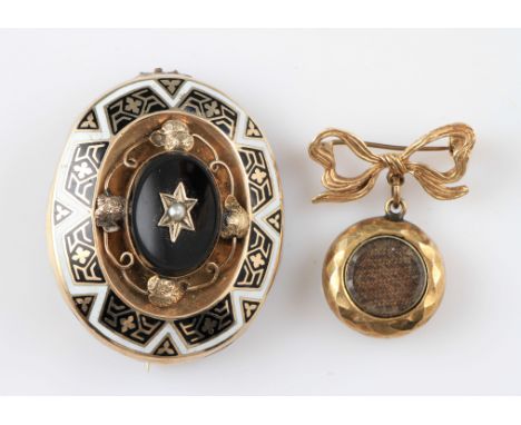 A Victorian yellow metal memorial brooch, featuring seed pearl set central black hardstone panel surrounded by black and whit