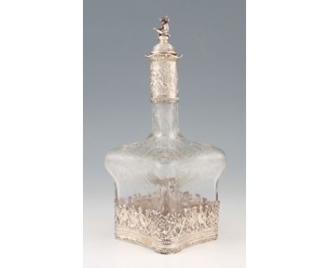 An Edwardian Berthold Muller silver mounted glass decanter, glass featuring etched scroll and floral design, silver open meta