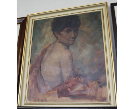 Framed, unsigned, oil on canvas, half length portrait of a lady partially wrapped in a robe with golden earring, 58.5cm x 48.