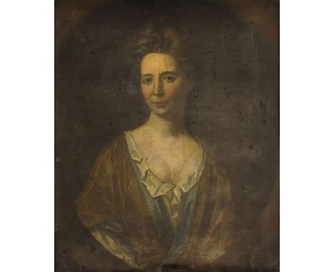 Framed, unsigned, oil on canvas, bust length portrait of an early 18th Century lady in yellow shawl, with feigned painted ova