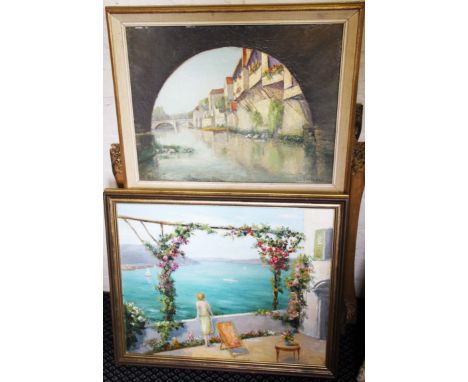 GEORGES FIESSINGER. Framed, signed, oil on board, 20th Century canal scene beneath bridge arch, together with an indistinctly