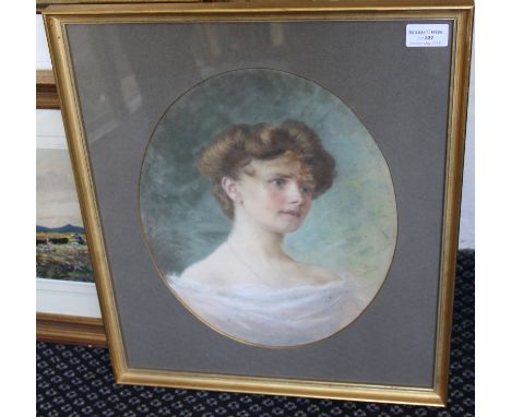 Framed, indistinctly signed, pastel on paper, bust length portrait of lady, oval slip, 34.5cm x 28cm.