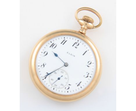 A yellow metal Elgin crown wind pocket watch, the white enamel dial having hourly Arabic numeral markers with minute track bo