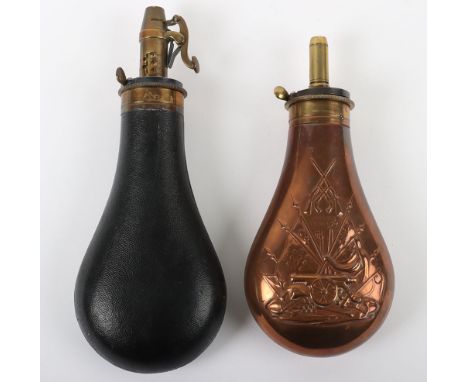 Well-Made Modern Copy of a Leather Covered Powder Flask, nozzle graduated 50-70 grains with sprung lever cut off, brass paten