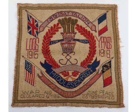 Great War Tapestry of 13th Battalion Middlesex Regiment Interest, a fine embroidered tapestry with the regimental cap badge o