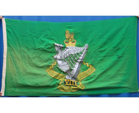 Large Regimental Flag of the 8th Kings Royal Irish Hussars, the green cotton flag has large painted winged harp insignia with
