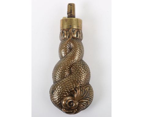 Small&nbsp;‘Entwined Dolphin’ Copper Powder Flask, common top, nozzle graduated ¼ to ½ drams.&nbsp; Overall 12.5cms.&nbsp;Fai