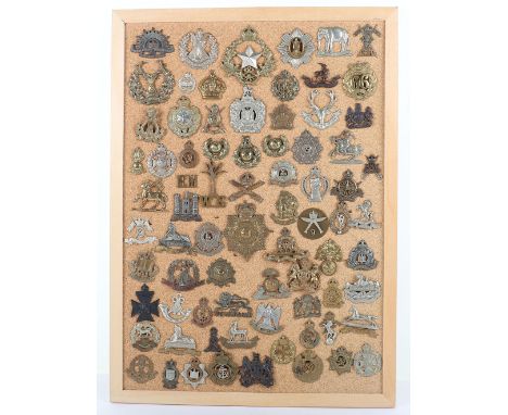 Board of British Military Cap Badges, including Cameron Highlanders, Kings Own Malta Regiment, Bedfordshire regiment, Royal M