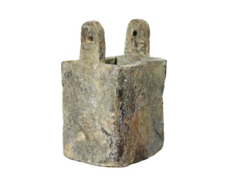 HMS. Schiedam, lost in Gunwalloe, 1684 A lead container or possibly a ‘counter-weight’ (?).  Square with two lugs, measuring 