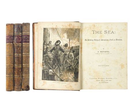 Whymper, F The Sea  Its stirring story of Adventure, Peril and heroism, four volumes, steel engravings, half leather with mar