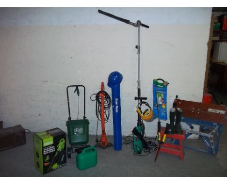 A COLLECTION OF GARDEN TOOLS INCLUDING BLACK &amp; DECKER WORKMATE, A STRIMMER, AN EXTENDING HEDGE TRIMMER ETC.
