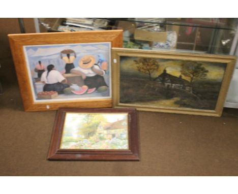 TWO FRAMED OILS ONE DEPICTING A FARMYARD SCENE THE OTHER A COTTAGE, together with a modern print