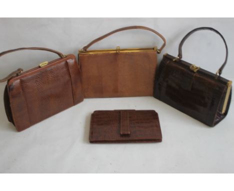 THREE VINTAGE HIDE HANDBAGS AND A CLUTCH BAG, one Mappin &amp; Webb, one Marquessa and two unknown make  (4)