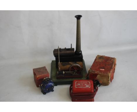A VINTAGE MODEL DAMPFMASCHINE STEAM ENGINE with fixed cylinder instructions togetherw ith a boxed Meccano transformer and a b
