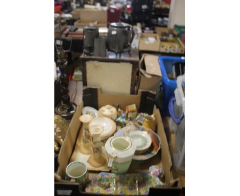 A TRAY OF CERAMICS TOGETHER WITH A PEWTER TEAPOT, TWO TANKARDS ETC (tray not included)