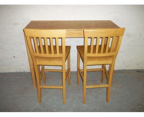 A HIGH BENCH DINING TABLE AND TWO TALL CHAIRS