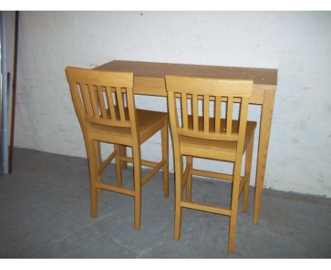 A HIGH BENCH DINING TABLE AND TWO TALL CHAIRS