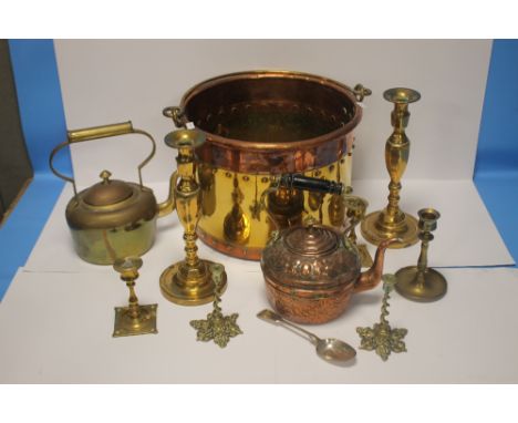 A COPPER AND BRASS COAL BUCKET together with a quantity of candlestick holders, copper kettle etc.