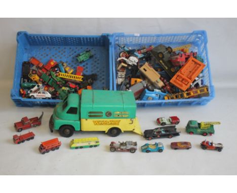 TWO TRAYS OF PLAYWORN DIE CAST VEHICLES including Dinky Hawker Sidley Aeroplane, Dinky turntable fire engine, Corgi Batmobile