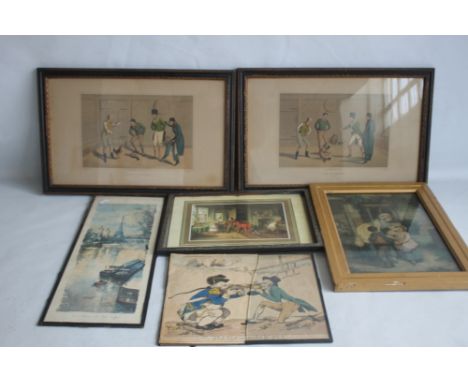 A QUANTITY OF PICTURES AND PRINTS to include an early 19th century Wheatley print, a pair of cockfighting prints, 19th centur