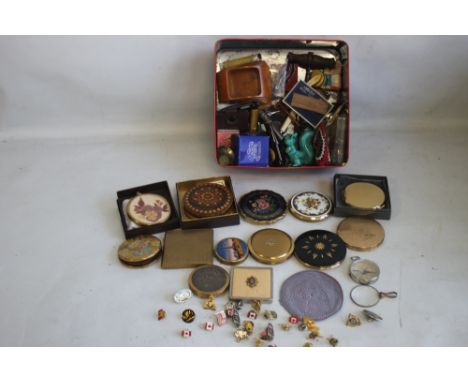 A BOX OF CURIOS, to include 16 compacts, enamel pin badges, pen knives, compass etc